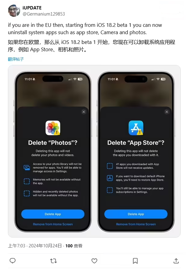 涿州苹果手机维修分享iOS 18.2 支持删除 App Store 应用商店 