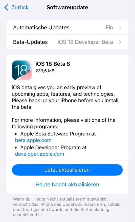 涿州苹果手机维修分享苹果 iOS / iPadOS 18 开发者预览版 Beta 8 发布 